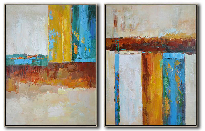 Large Abstract Art,Set Of 2 Contemporary Art On Canvas,Big Canvas Painting,Grey,Yellow,Blue,Dark Red,Brown.etc